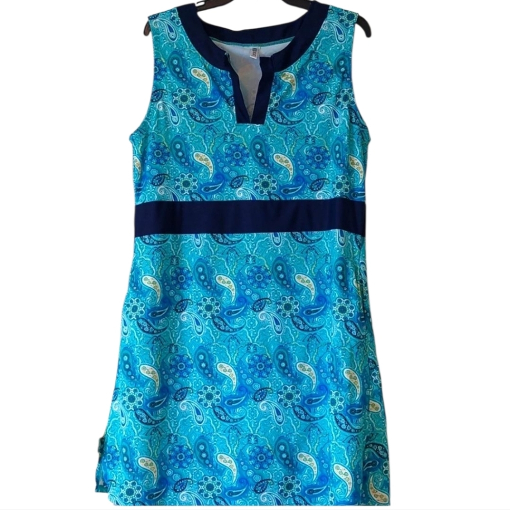 Mazu Swim Cover-up Dress L Aqua Teal Blue Paisley EUC